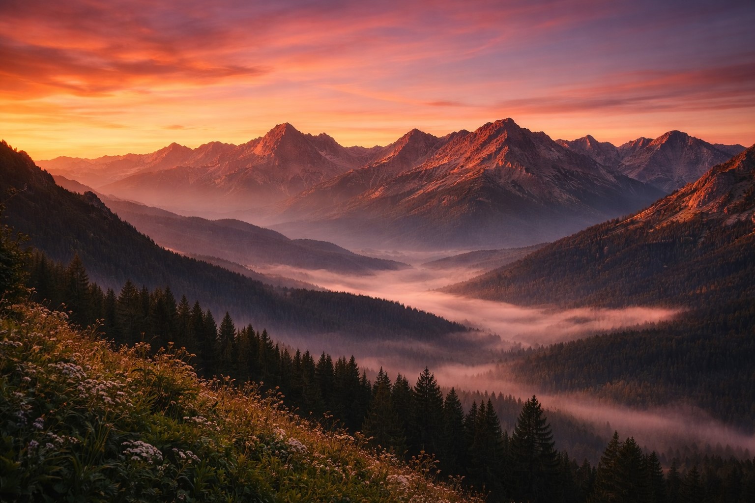 Panoramablick auf eine Bergkette im Abendlicht